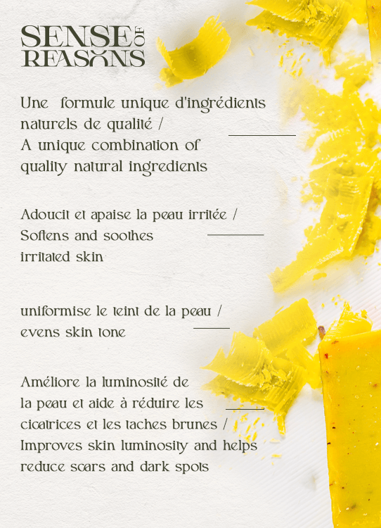 Discover the best turmeric soap in the UK with our Turmeric Soap bar - REASON TO GLOW. This natural turmeric and honey soap deeply cleanses the skin while helping to fade dark spots and even out skin tone. Known for the many benefits of turmeric in soap, it brightens the complexion, fights acne, and provides protection against external aggressions. See the before and after results of using turmeric soap for hyperpigmentation and enjoy clearer, more radiant skin.

Tumeric soap - REASONTOGLOW - SENSEOFREASONS